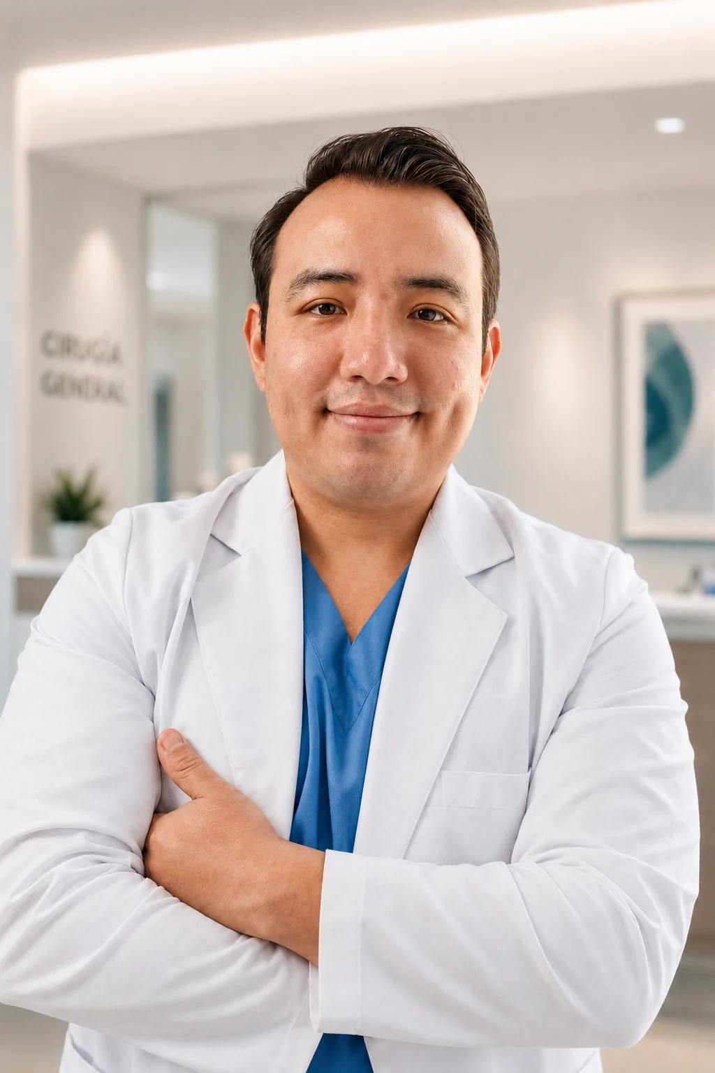 Dr. Carlos Arturo Martínez Martínez, especialista en Cirugía General, con bata blanca y scrubs azules en su consultorio